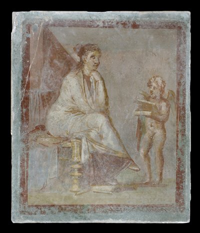Framed vignette painted in fresco on a green wall: Cupid reveals the contents of a gilded box to a seated woman, 65-75 AD by Roman